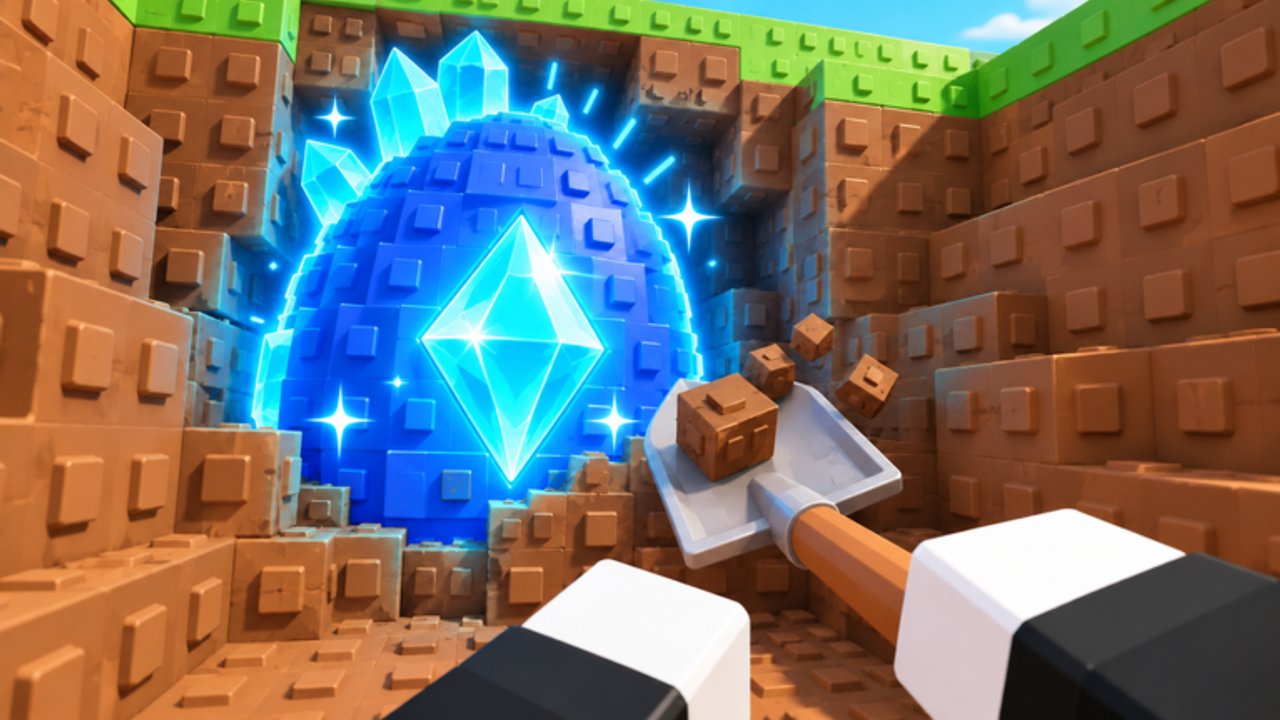 Dig For Eggs Roblox screenshot of a player digging for eggs with an upgraded shovel
