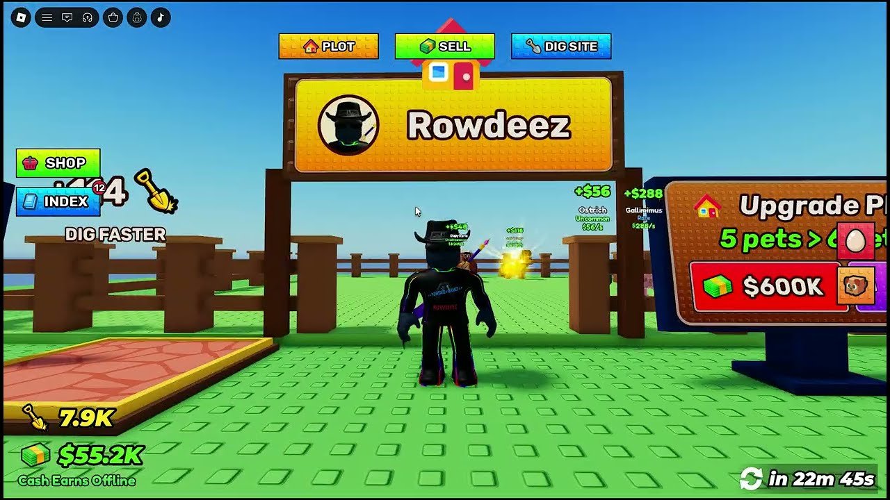 Dig For Eggs Roblox base overview showing hatched pets earning cash beside the dig zone